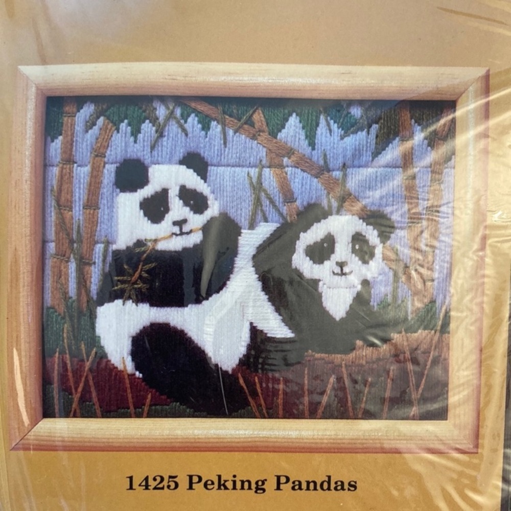 Vintage 1980s needlework kit, pandas, wool, unopened, package dated 1989